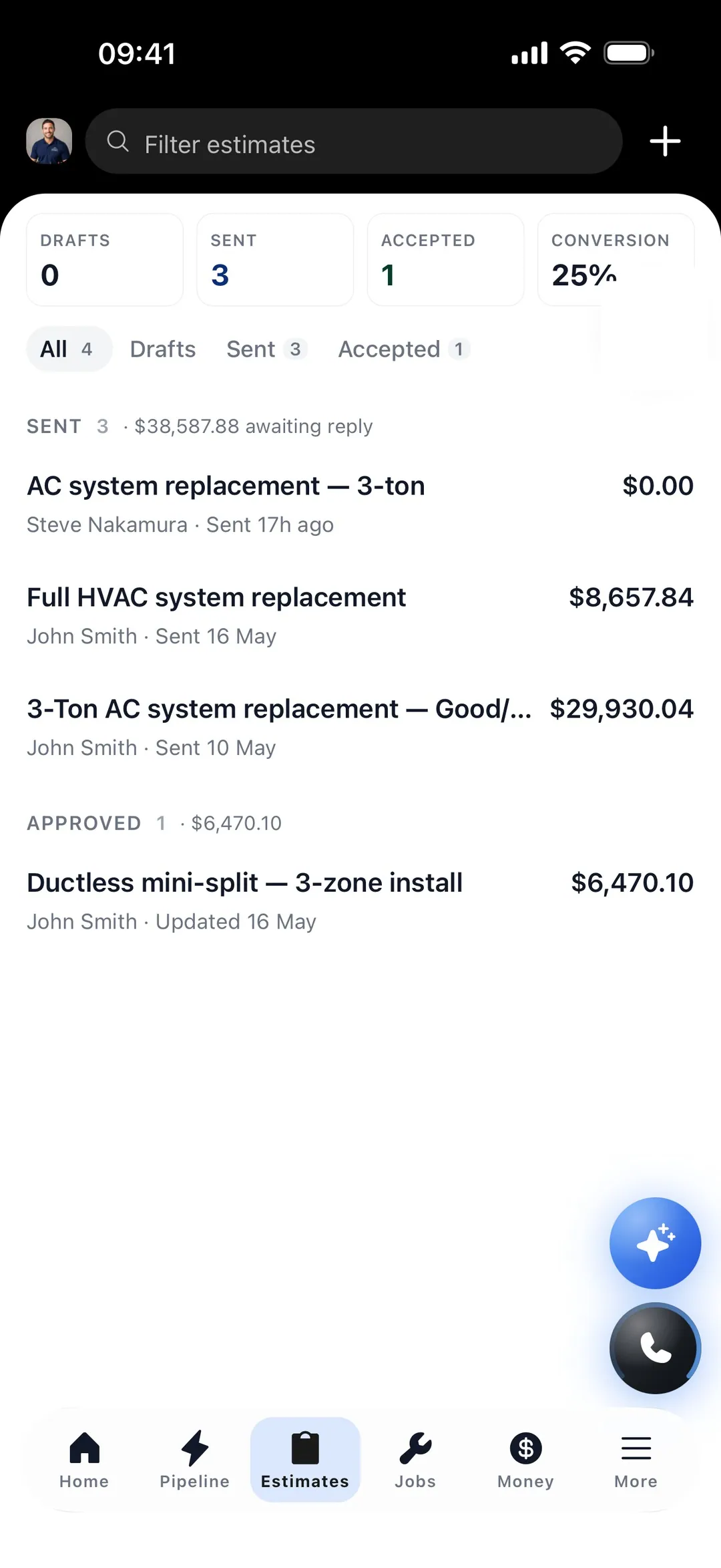 Hero365 Estimates — sent, accepted and conversion rate