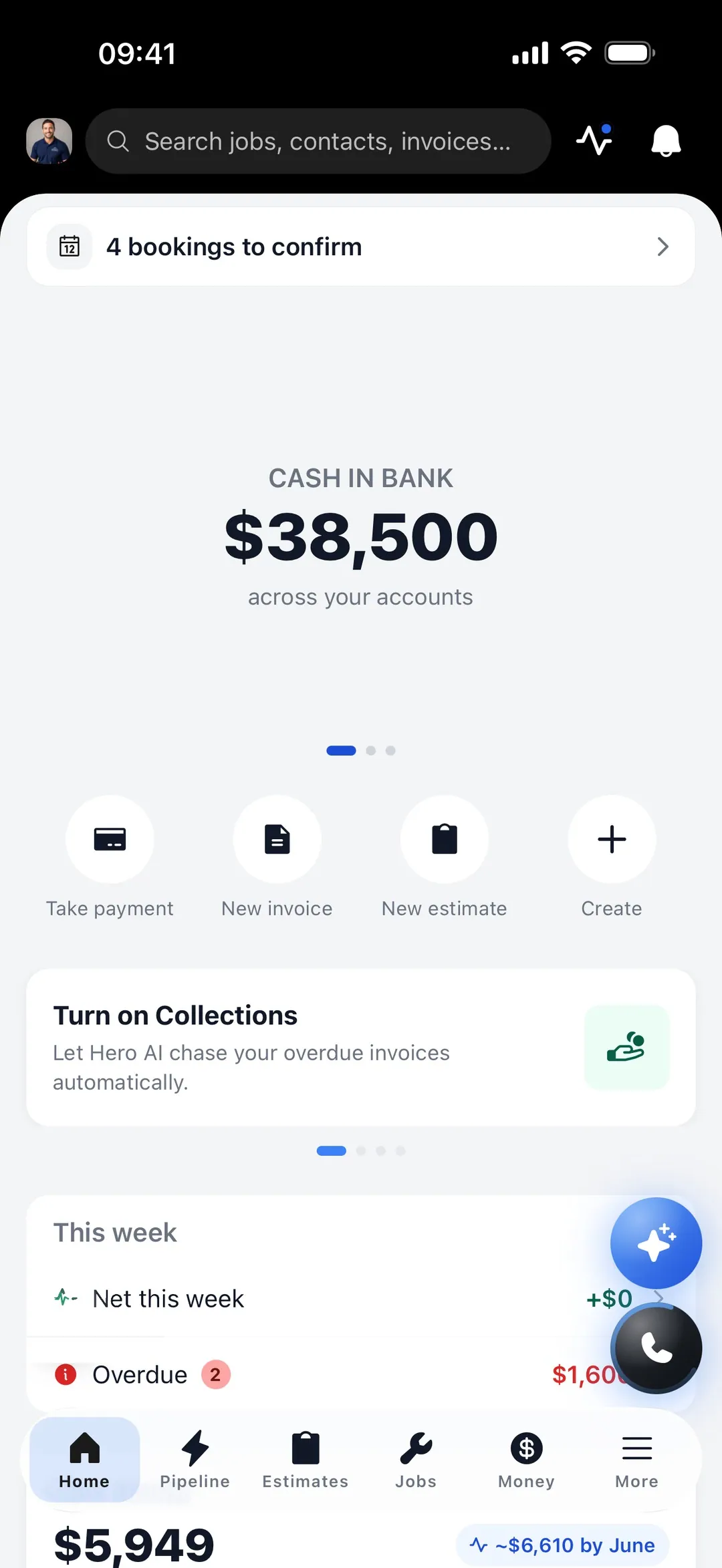 Hero365 Home — cash in bank and Hero AI working collections
