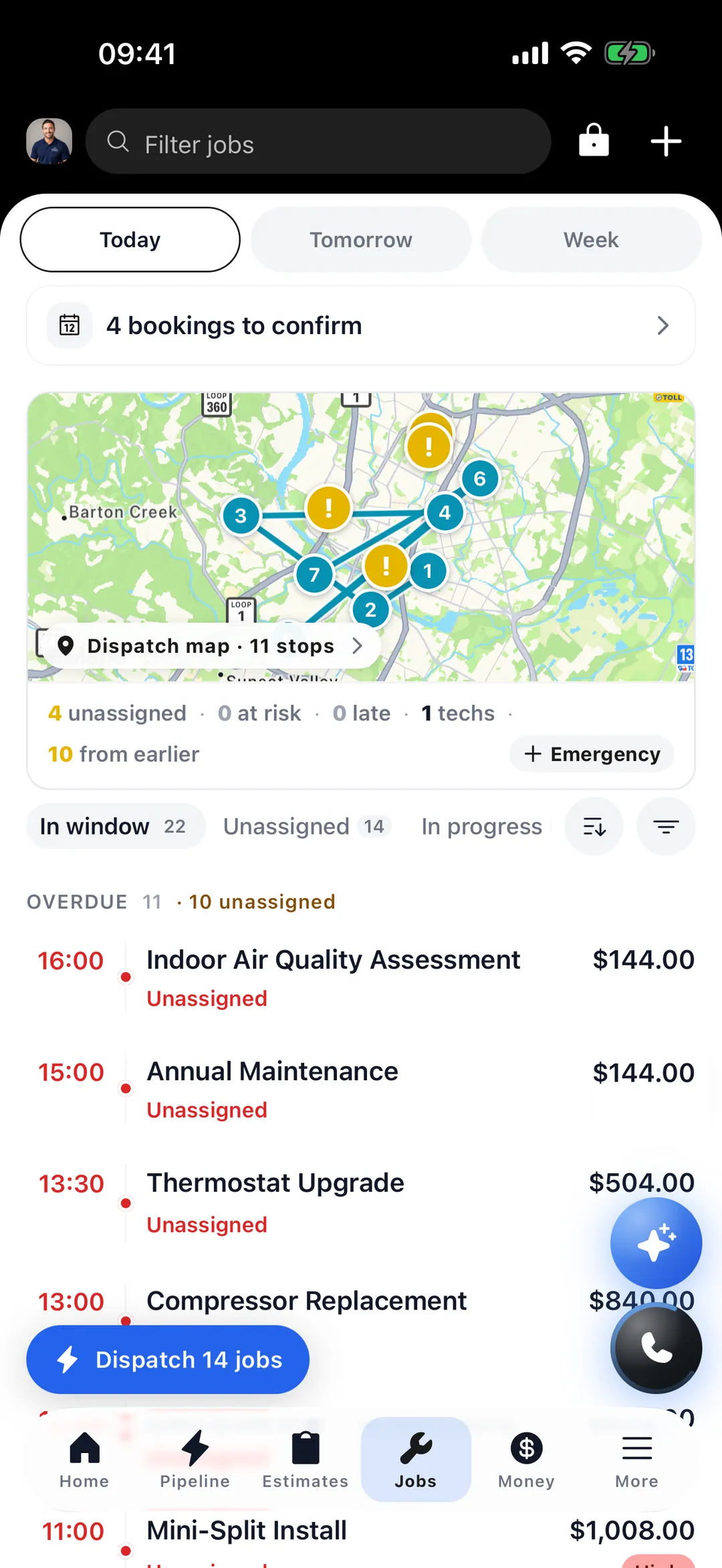 Hero365 Jobs — the dispatch map and today’s schedule