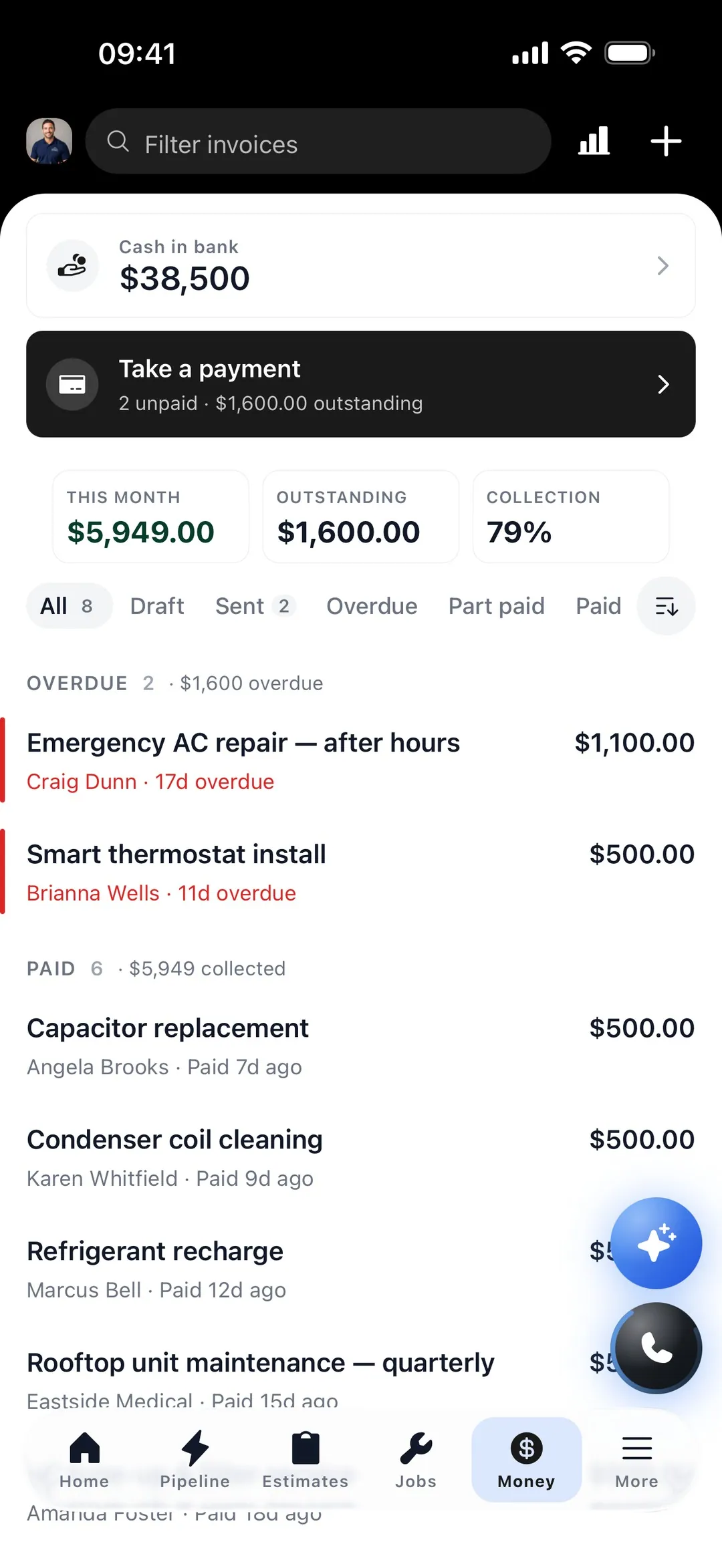 Hero365 Money — invoices, collection rate and overdue