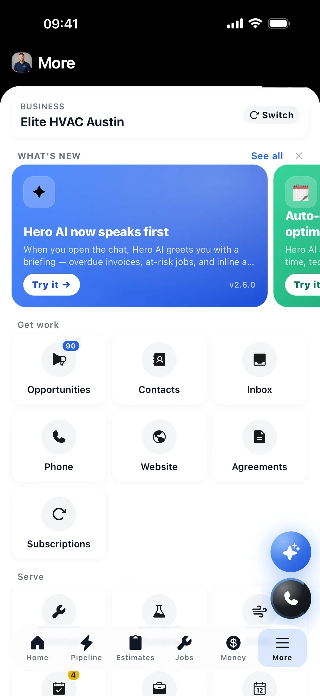 Hero365 More — opportunities, contacts, inbox, phone, website and agreements