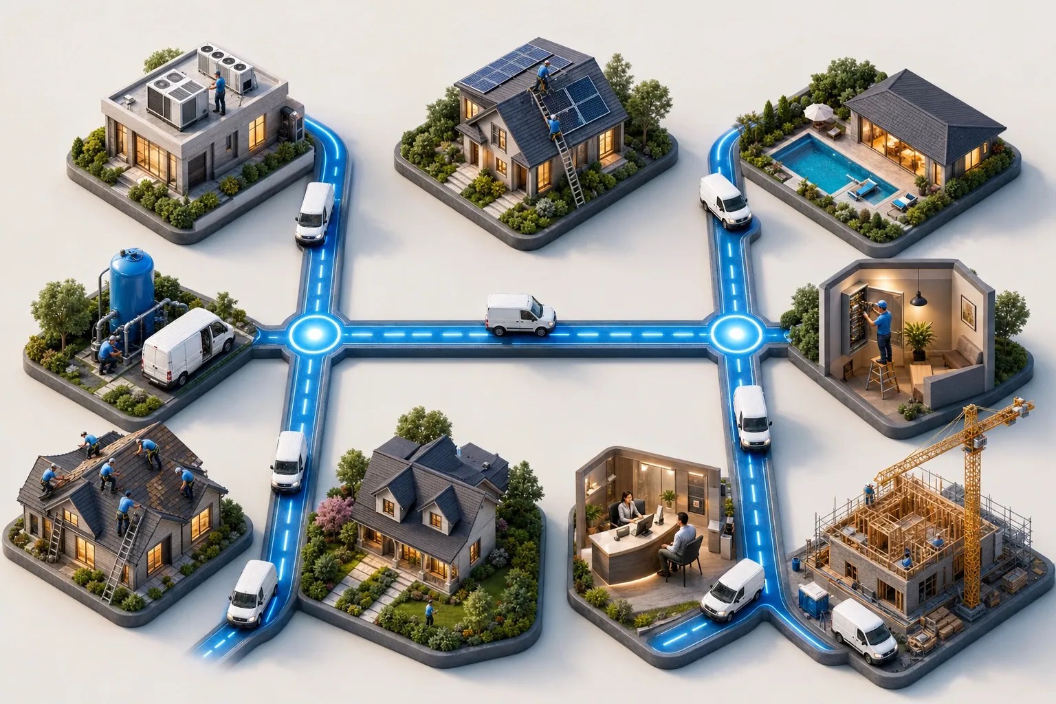 Isometric town where Hero AI answers calls, dispatches vans, and bills jobs across every home-service trade