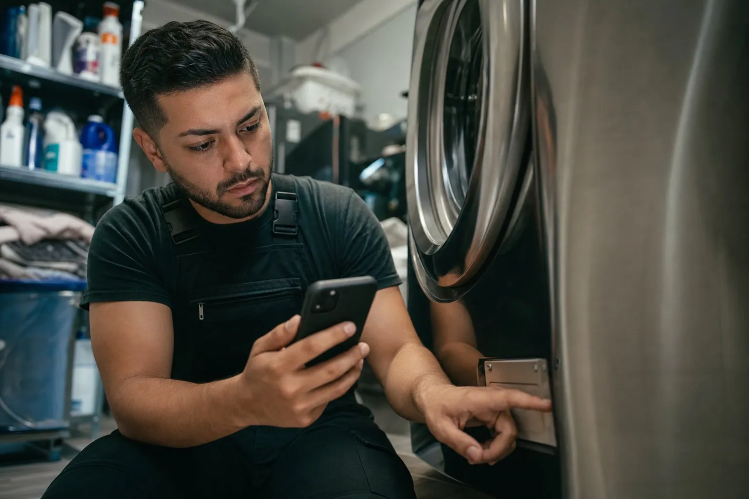 Hochformat: Techniker liest das Typenschild mit Modell- und Seriennummer einer Waschmaschine ab und tippt sie in die Hero365-App am Smartphone; Person oben links, Waschküche im Hintergrund