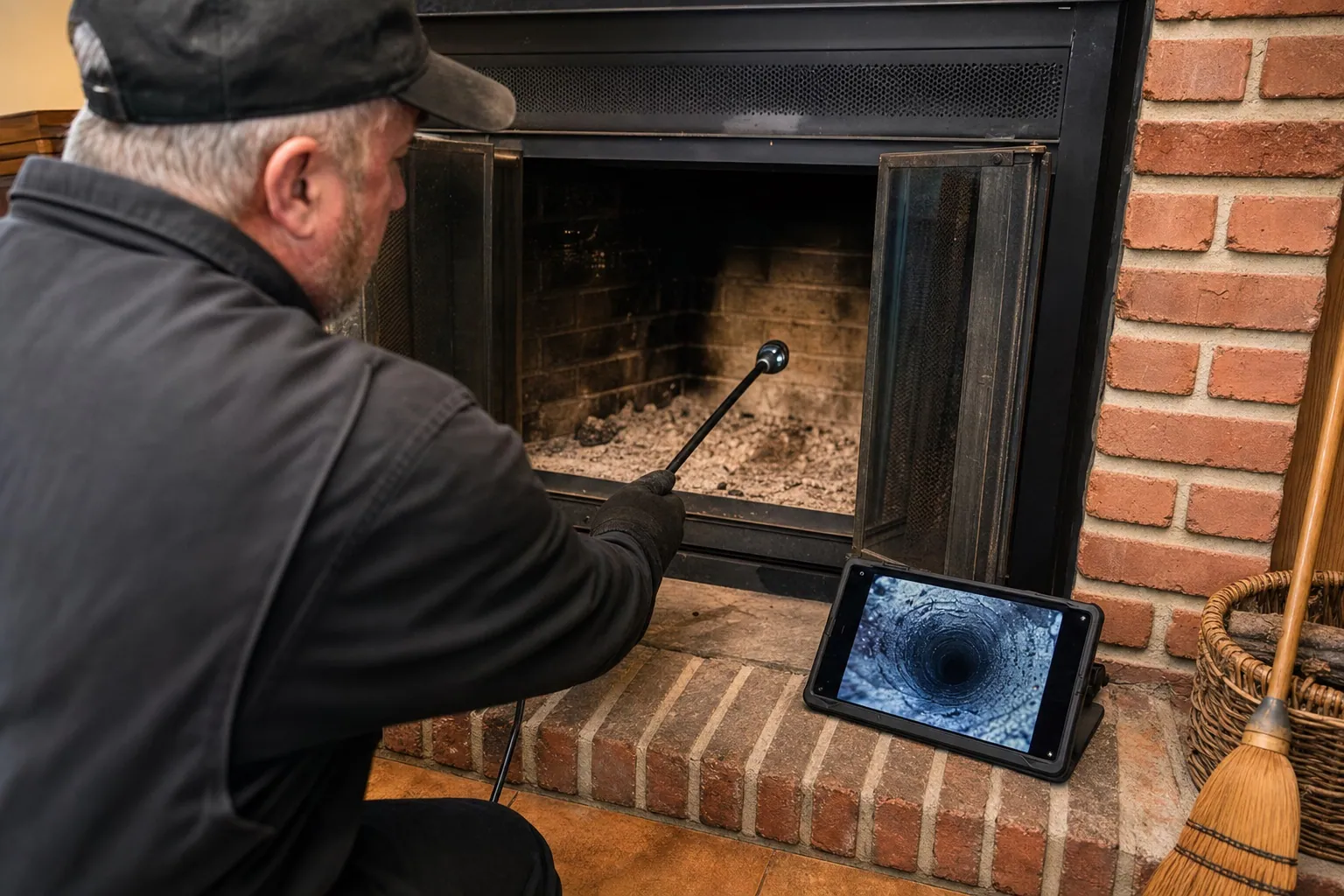 Nahaufnahme: ein Schornsteinfeger schiebt ein Prüfgestänge mit Kamerakopf in den Feuerraum, auf dem Tablet am Kamin das Protokoll zu Stufe 2 und Glanzruß-Stufe.