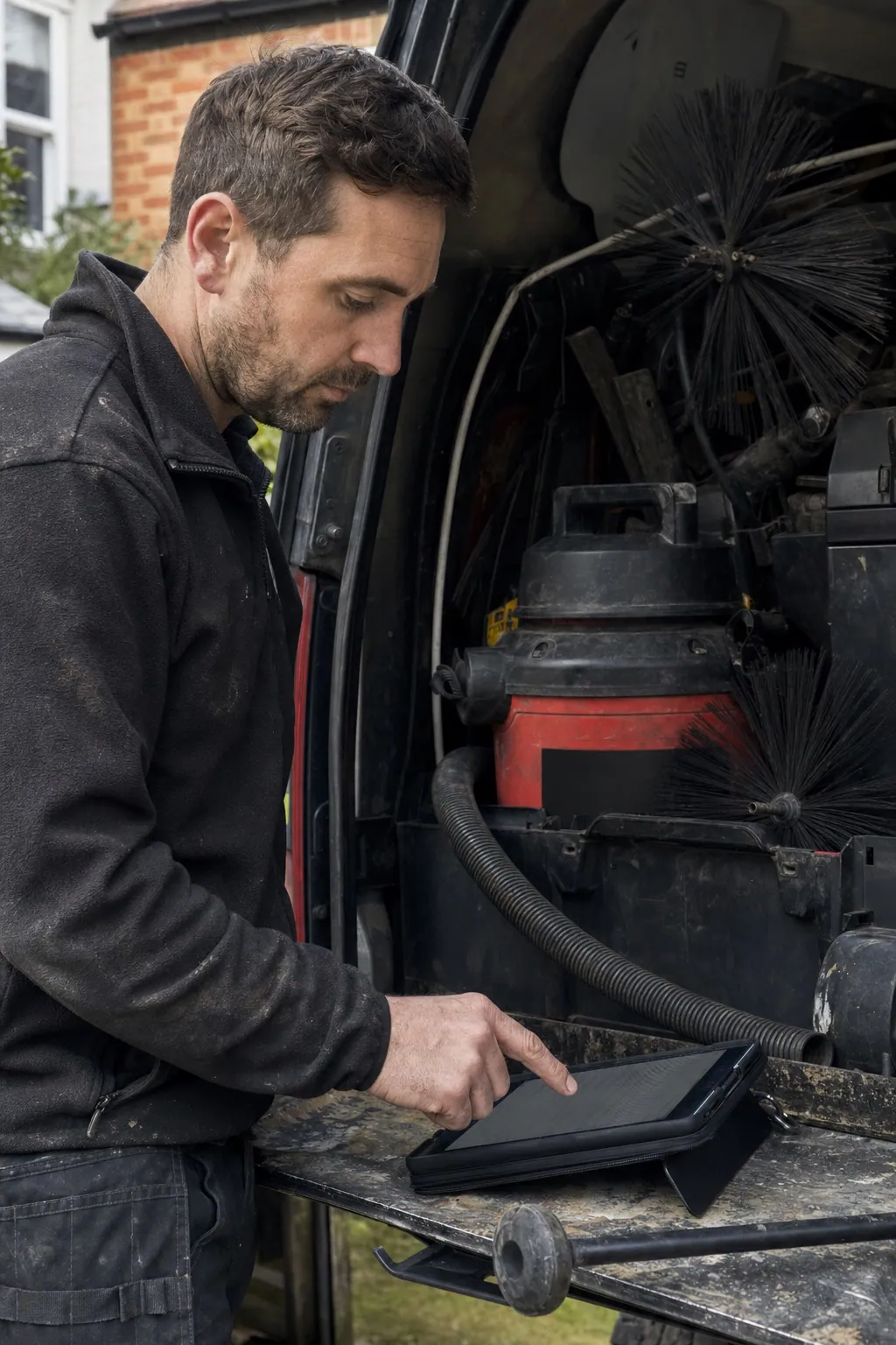 Hochformat, Motiv oben links: ein Schornsteinfeger am Tablet auf der geöffneten Heckklappe seines Transporters, dahinter Kehrbürsten und ein Industriesauger, auf dem Display eine Rechnung.
