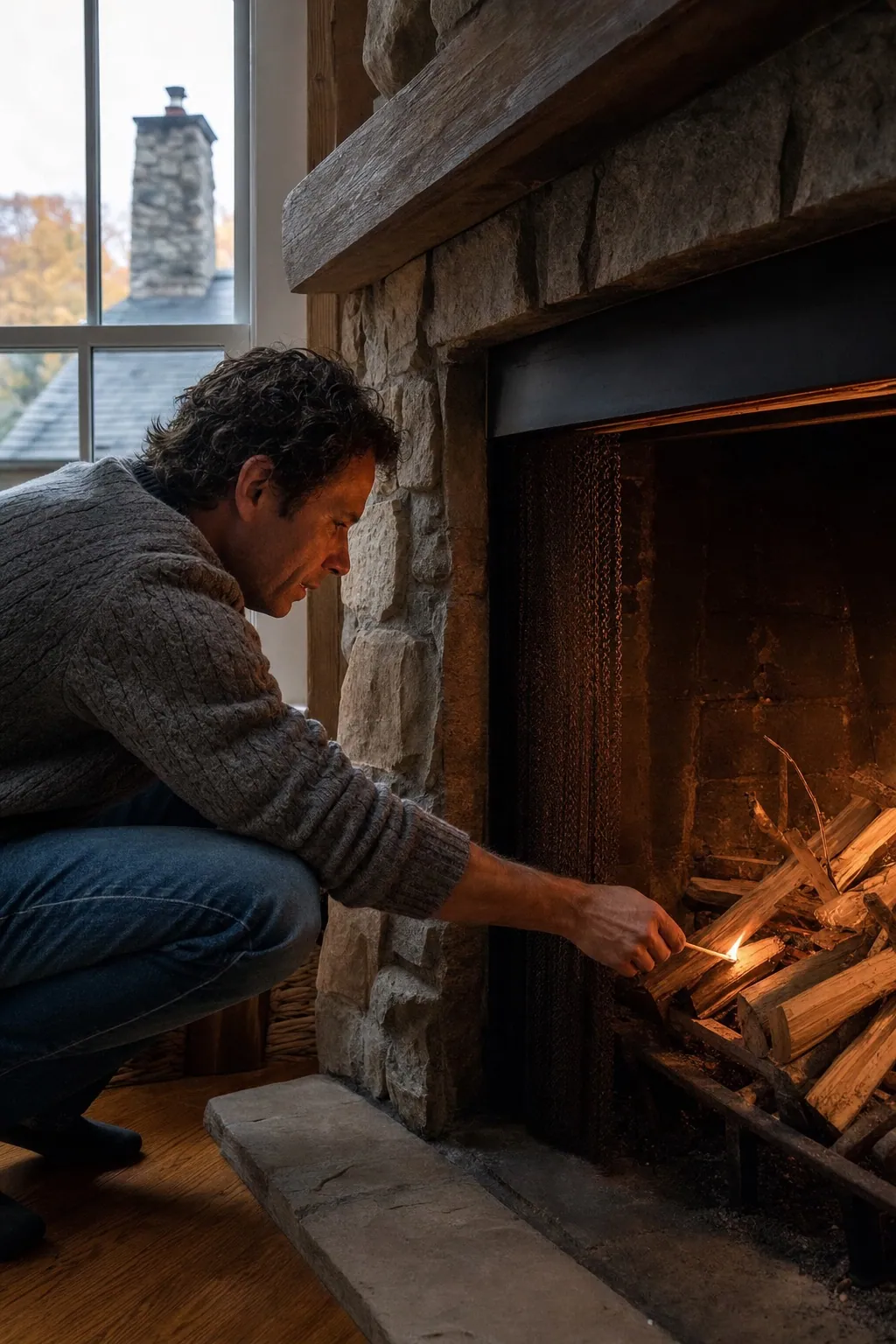 Hochformat, Motiv oben links: eine Hausbesitzerin entfacht das erste Feuer der Saison im frisch gekehrten Kamin, durch das Fenster ist der abgedeckte Schornstein zu sehen.