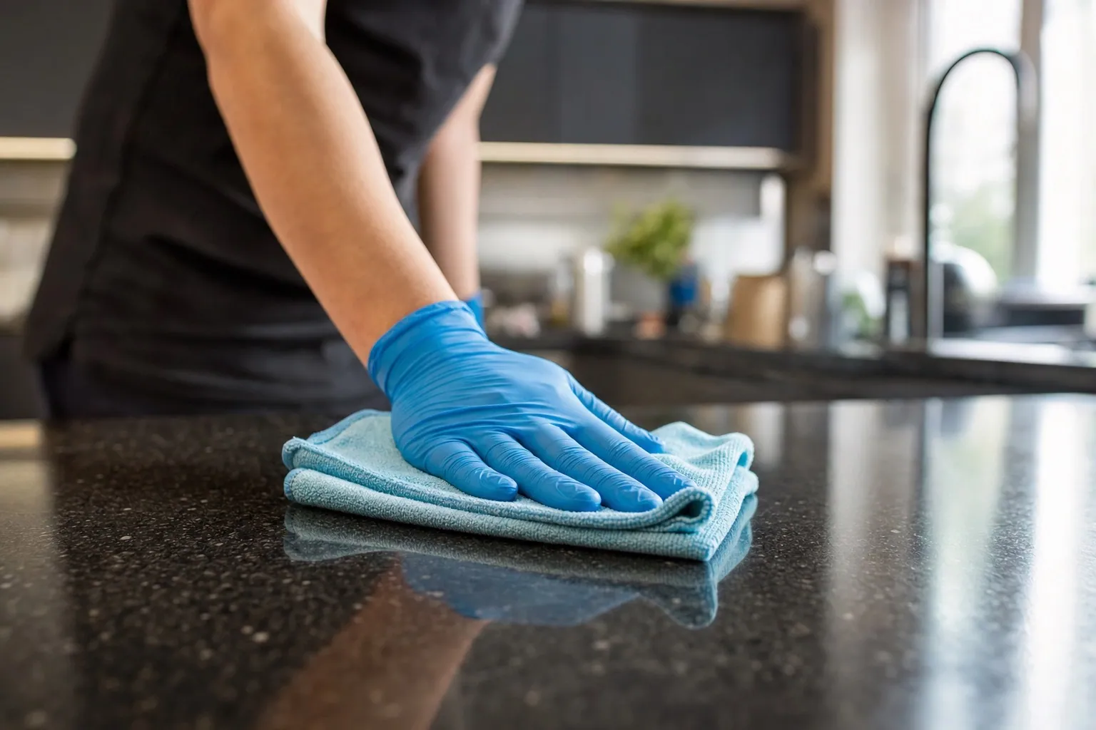 Nahaufnahme: behandschuhte Hand einer Reinigungskraft wischt eine Küchenarbeitsplatz streifenfrei, Mikrofasertuch im Bild