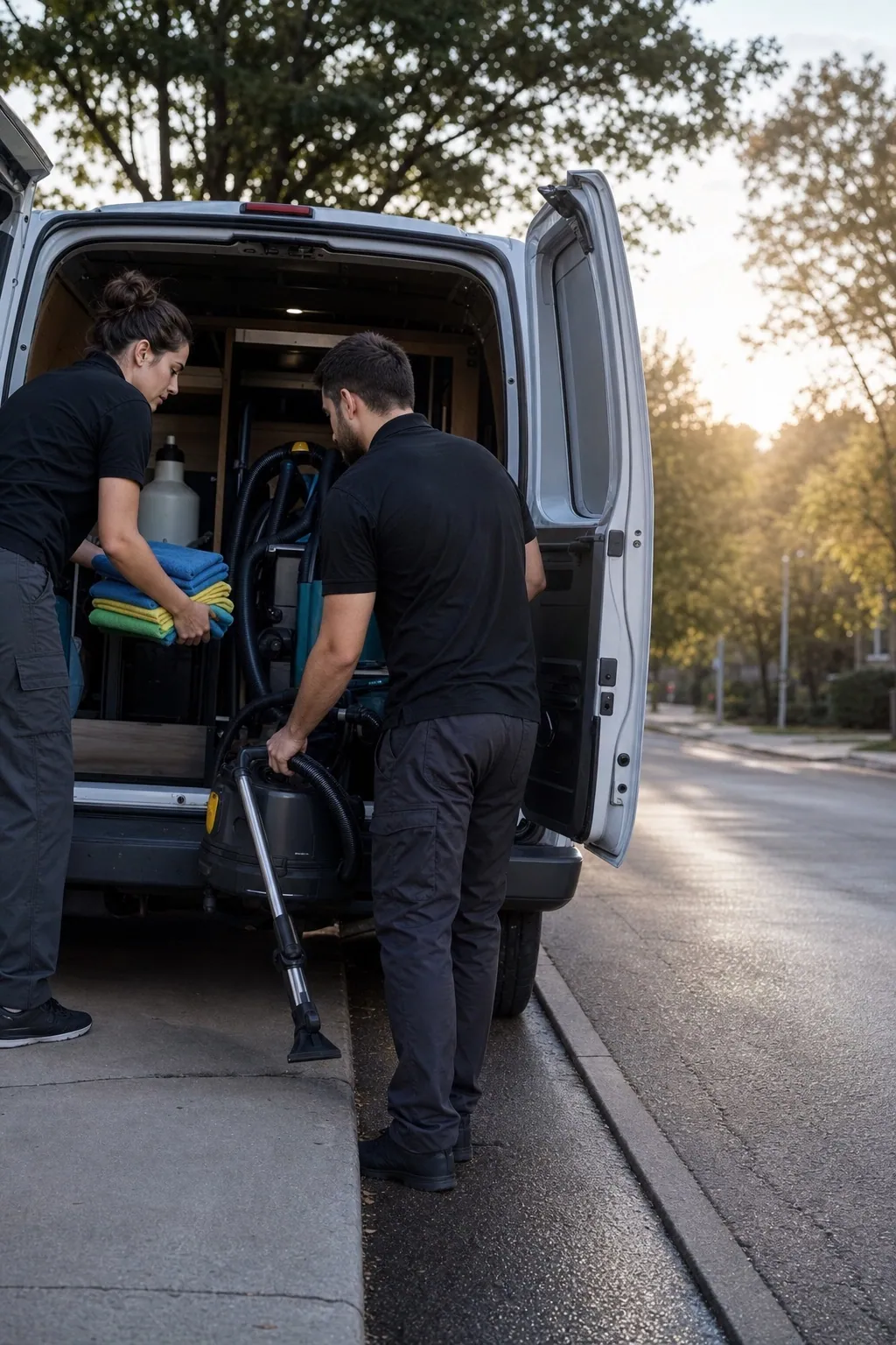 Porträtfoto, Person links oben: zwei Reinigungskräfte laden Mikrofasertücher und einen Staubsauger in einen beschrifteten Transporter am Straßenrand, früher Morgen