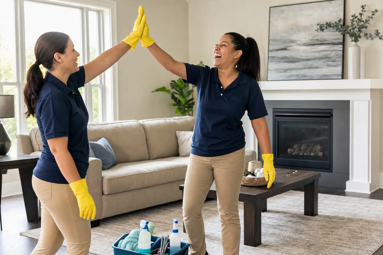 Zwei Reinigungskräfte geben sich in einem frisch gereinigten Wohnzimmer ein High five, Putzkorb steht auf dem Boden