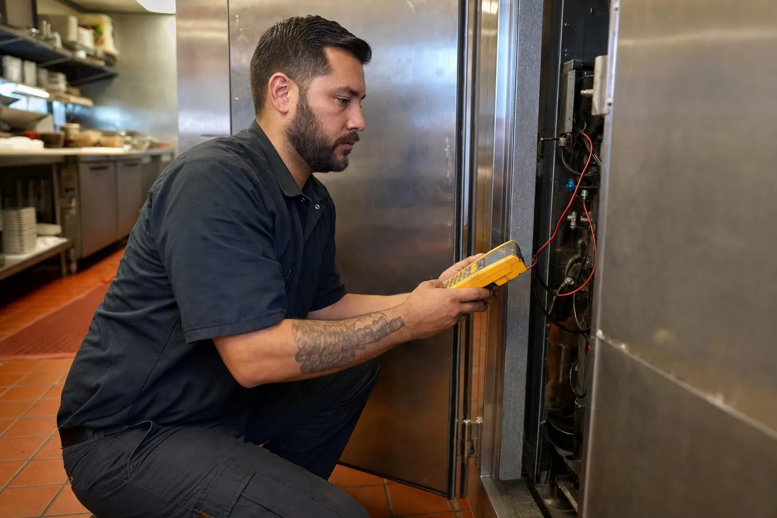 Techniker kniet vor der offenen Tür einer Kühlzelle in einer Restaurantküche, Diagnosegerät in der Hand.