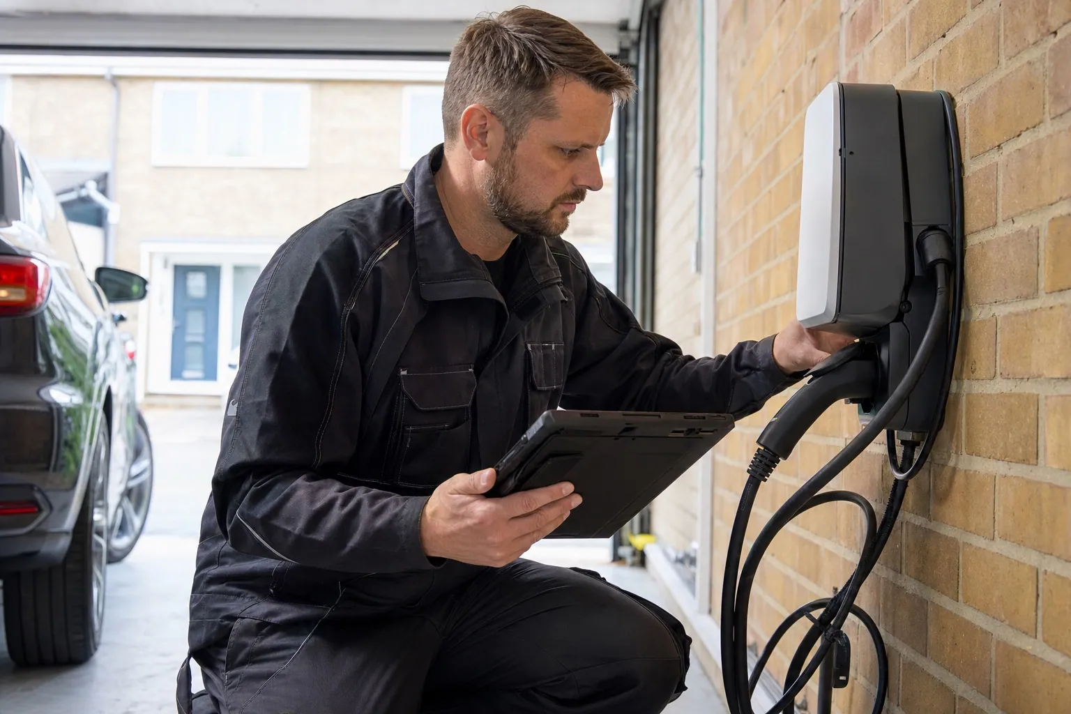 Nahes, ungestelltes Porträt eines Elektrikers, der vor einer wandmontierten Wallbox in einer Privatgarage kniet, Tablet mit Auftragskarte in der Hand