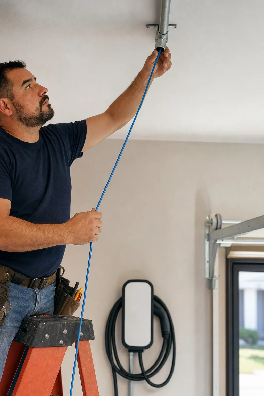 Hochformat, Elektriker links oben zieht Leitungen durch ein Leerrohr in einer ausgebauten Garage, dahinter eine an der Wand montierte Wallbox