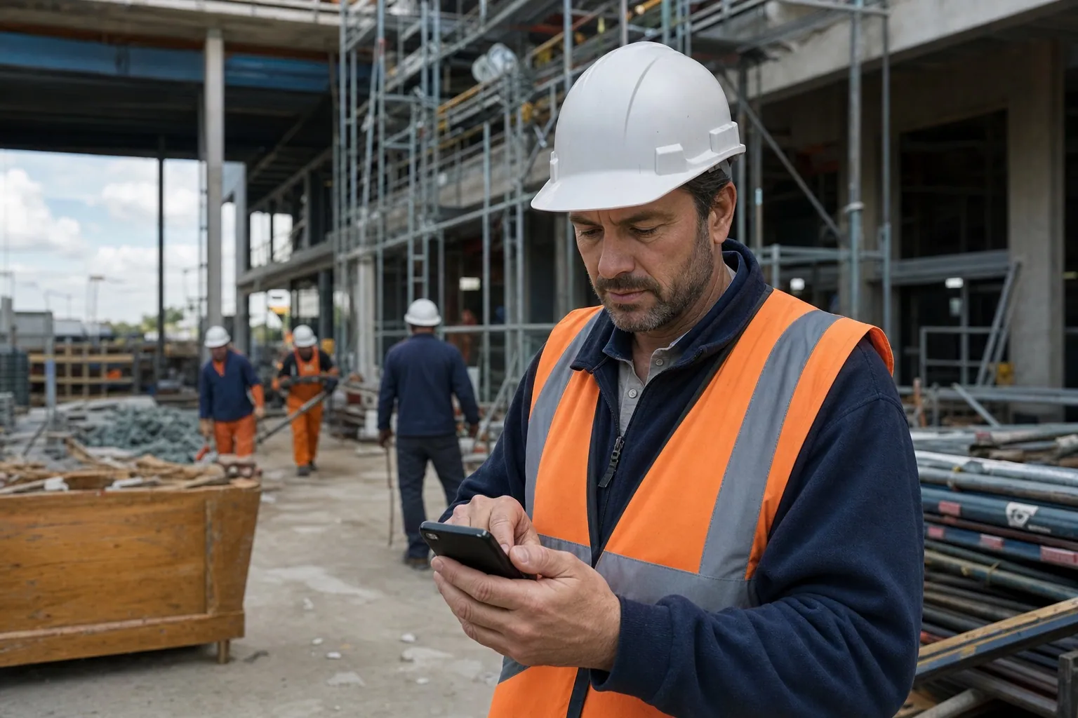 Porträt eines Bauleiters auf einer aktiven Baustelle, der den Phasenplan auf dem Smartphone prüft, im Hintergrund das Team der Nachunternehmer und ein Gerüst