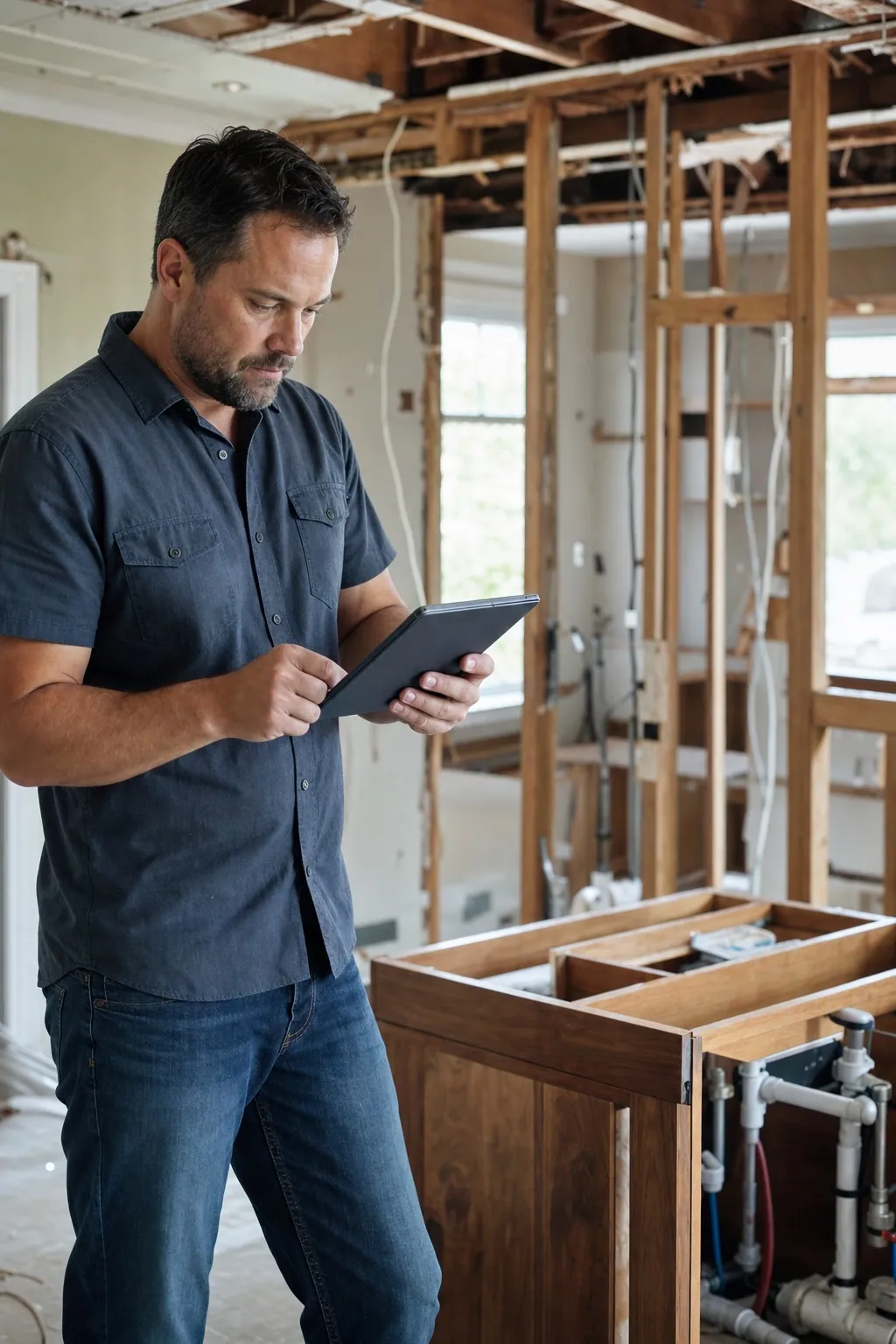 Hochformat, Person oben links: ein Bauunternehmer im Arbeitshemd steht in einer entkernten Küche mitten in der Sanierung und prüft Pläne auf einem Tablet, dahinter Ständerwerk und offene Wände