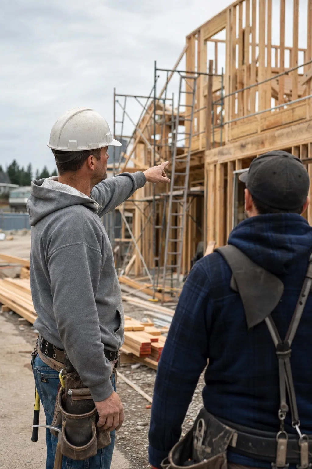 Hochformat, Person oben links: ein Bauleiter mit Schutzhelm auf einer aktiven Baustelle weist einen Nachunternehmer zum frischen Rohbau, dahinter Holzstapel und Gerüst