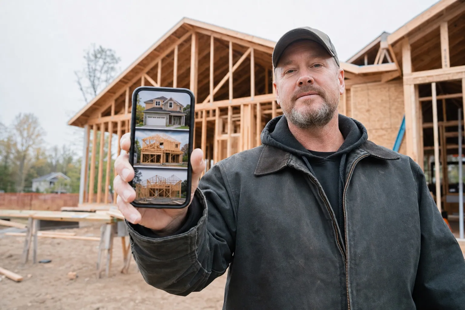 Bauunternehmer auf der Baustelle mit dem Smartphone in der Hand, darauf eine Projektkarte mit mehreren Phasen und laufendem Rohbau