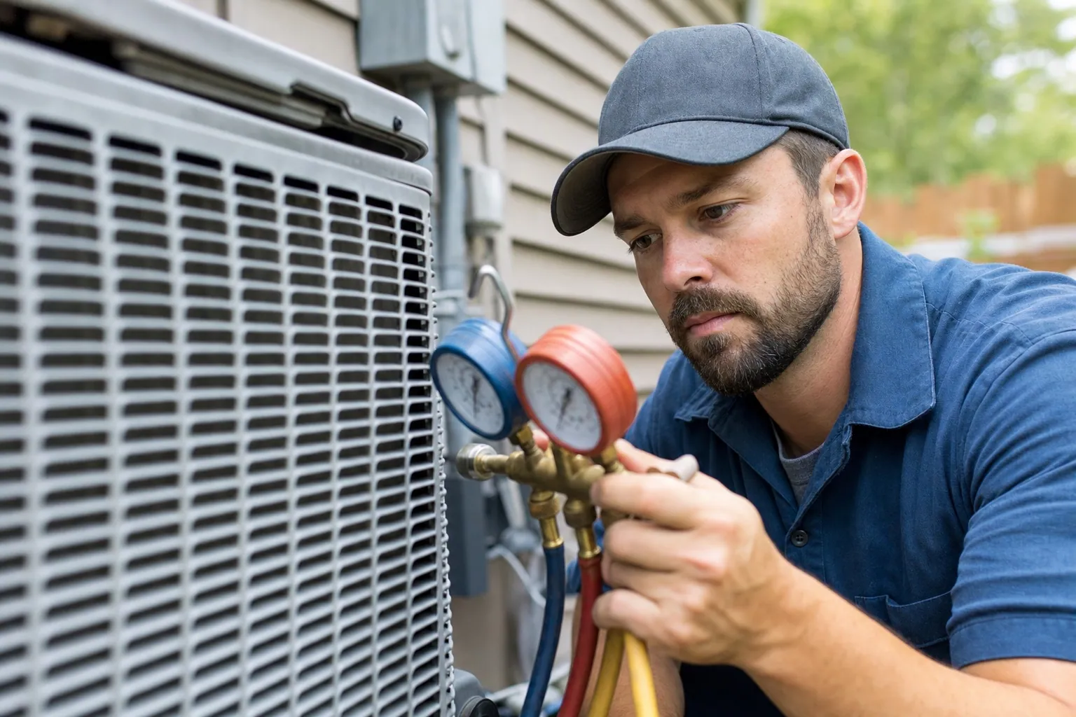 Close portrait of an HVAC tech checking a manifold gauge set against an outdoor condenser, summer light, focused expression