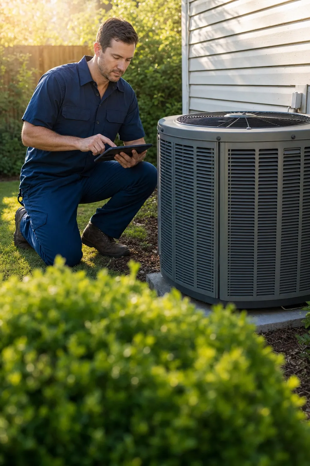 Portrait shot, HVAC tech in upper-left frame kneeling at a condenser unit with a tablet, summer suburban backyard, warm afternoon light