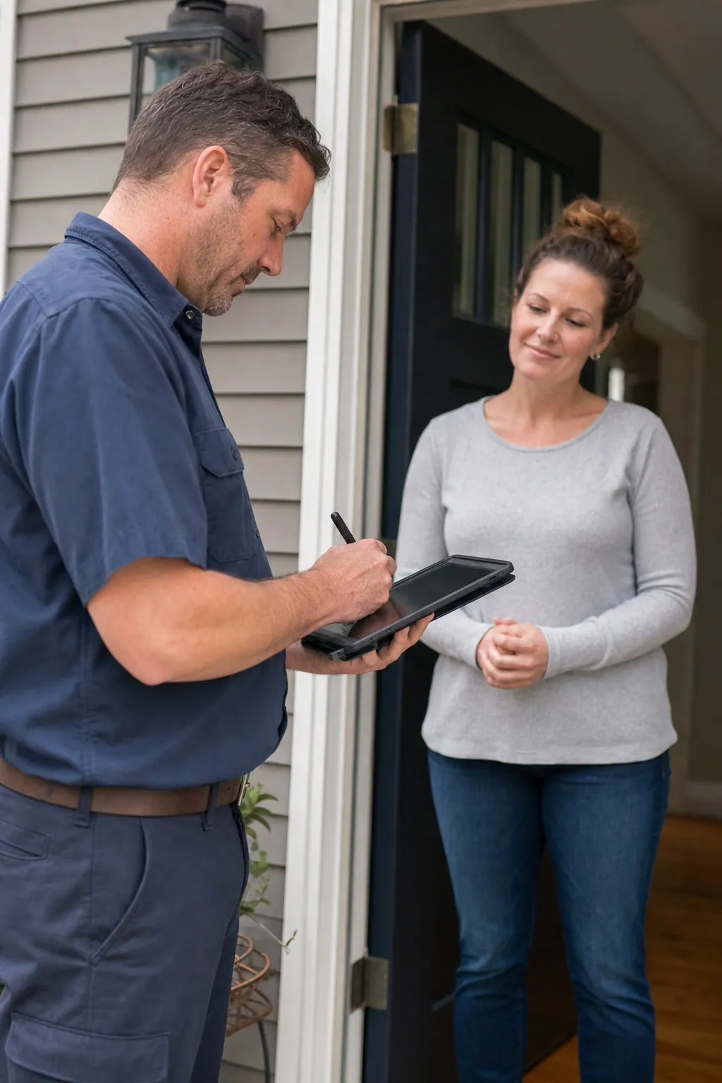 Portrait shot, HVAC tech in upper-left frame writing on an invoice tablet at a customer's front door, residential entry, soft daylight
