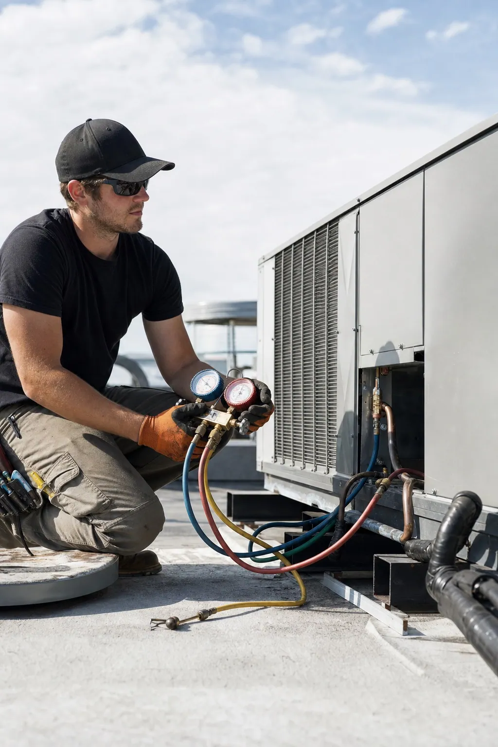 Portrait shot, HVAC tech in upper-left frame on a rooftop next to a packaged RTU with gauges connected, bright sky, mechanical equipment in frame