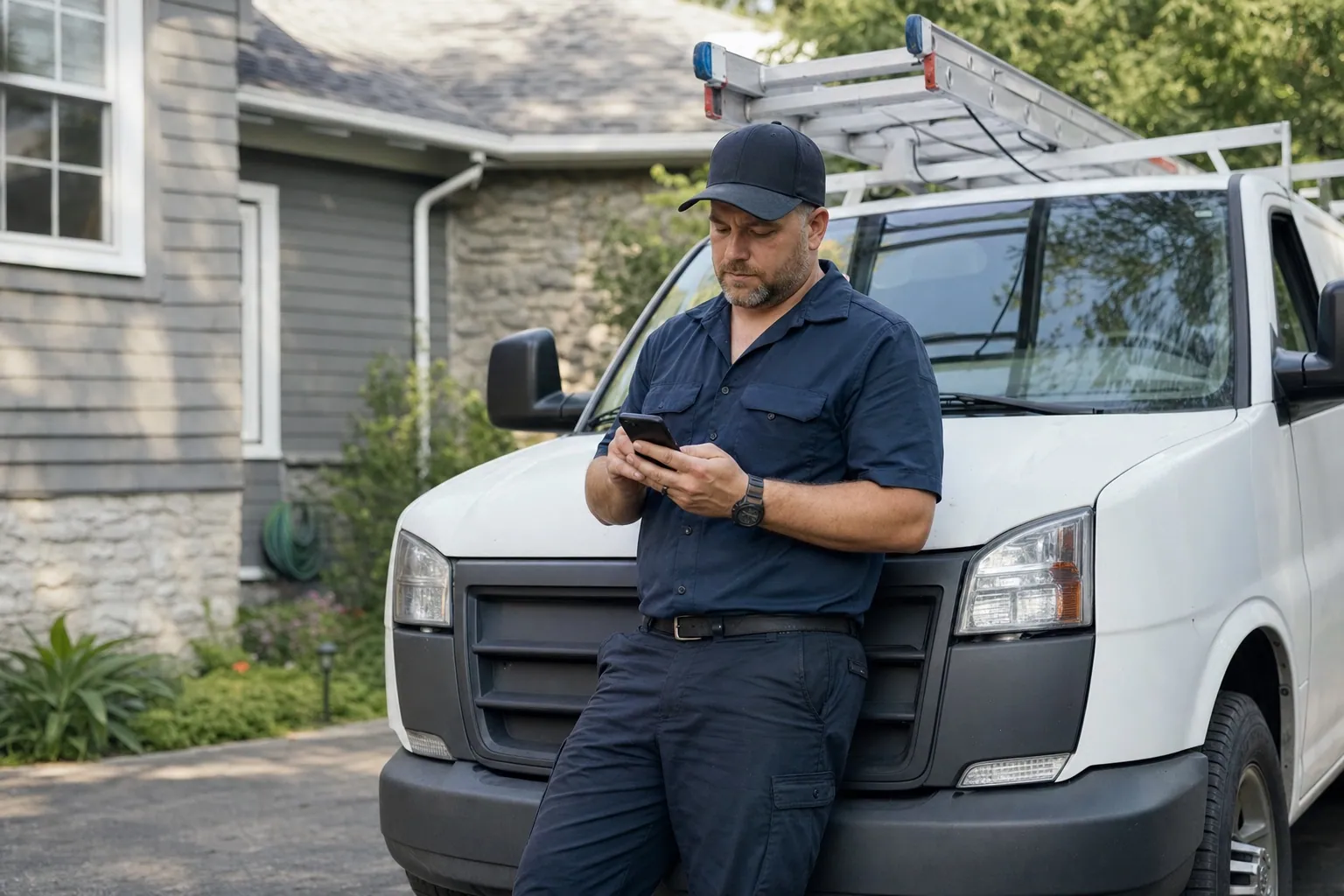 HVAC tech reviewing the day's dispatch board on a phone beside a service van in a residential driveway