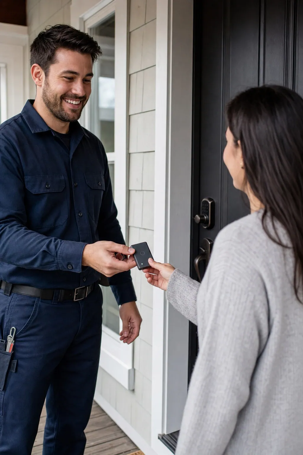 Hochformat, Motiv links oben: Ein Monteur reicht einem Hauseigentümer auf der Veranda das Kartenlesegerät, am Türblatt ist das neue Smart Lock zu sehen