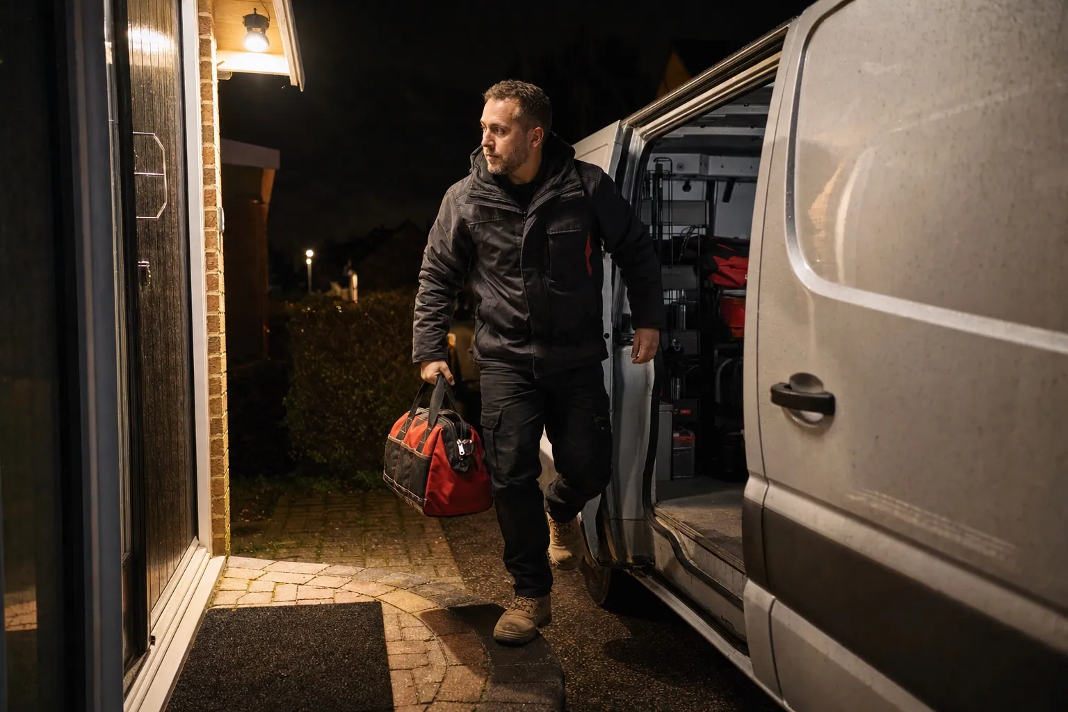 Ein Schlüsseldienst-Monteur steigt nachts unter einer Türlampe aus dem Wagen, Werkzeugtasche in der Hand, auf dem Weg zu einer Notöffnung