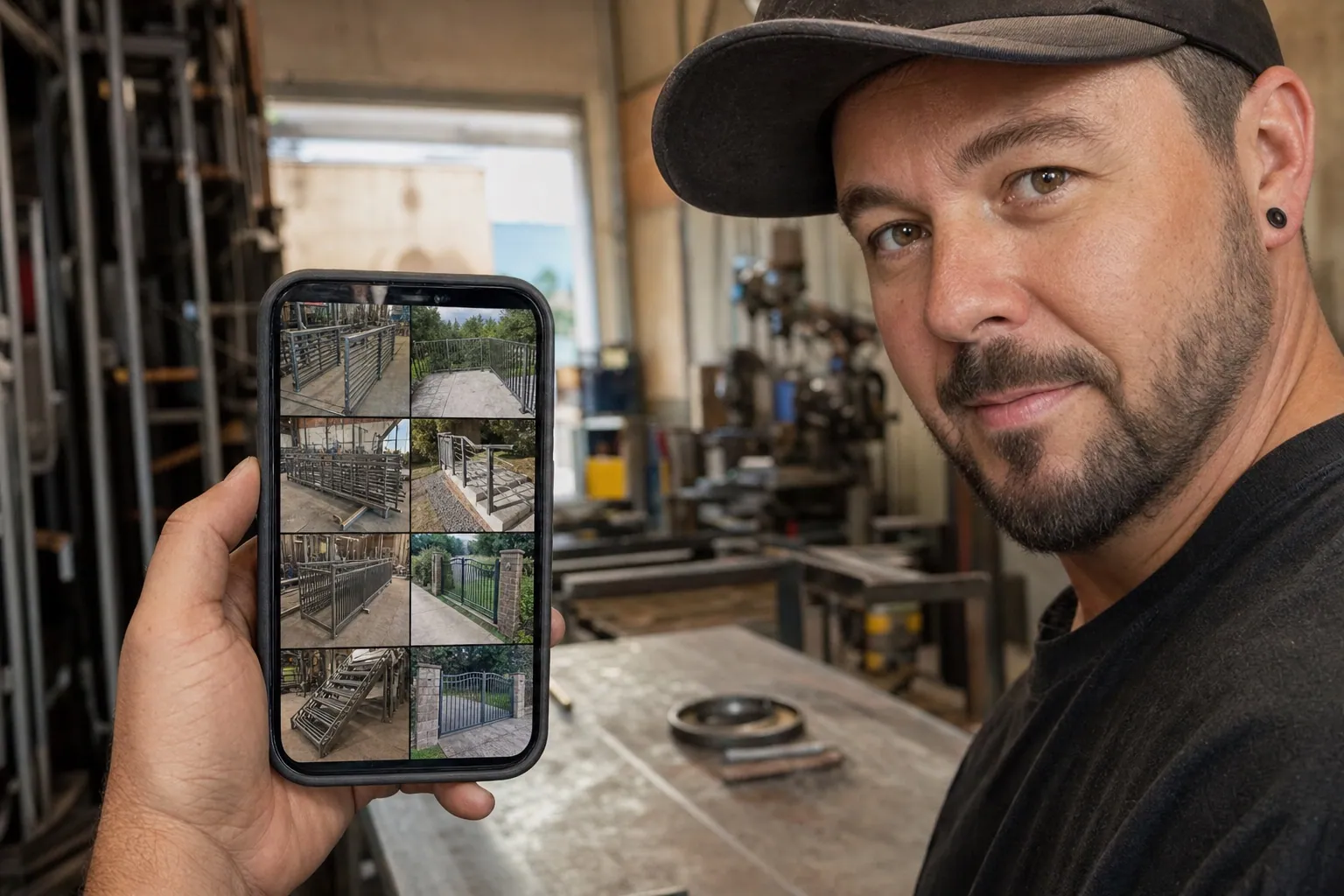 Smartphone mit dem Projektboard einer Metallwerkstatt: Aufträge für Stahlgeländer und Tore wandern von „in Fertigung“ zu „montiert“.