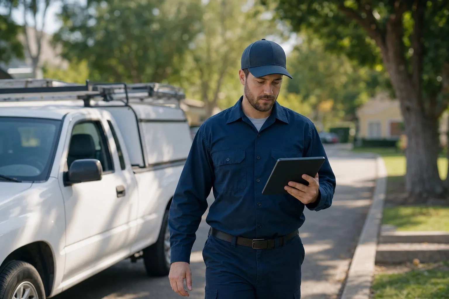 Schädlingsbekämpfer geht zum beschrifteten Transporter, auf dem Tablet die gebündelten Stopps des Tages