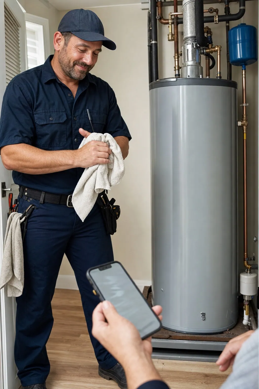 Porträt eines Installateurs oben links, der sich nach dem fertigen Einbau eines Warmwasserbereiters die Hände abwischt, Rechnung auf dem Smartphone
