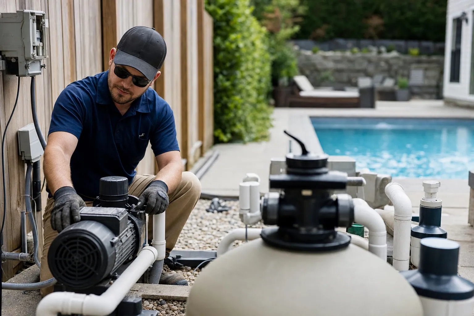 Pooltechniker oben links kontrolliert Pumpe und Filteranlage im Garten eines Wohnhauses, Technik leicht unscharf, Hochformat