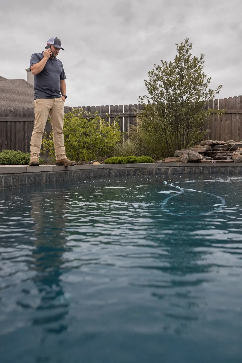 Poolprofi oben links im Telefonat neben einem trüben Gartenpool, Hochformat, Wasser füllt den unteren Bildbereich