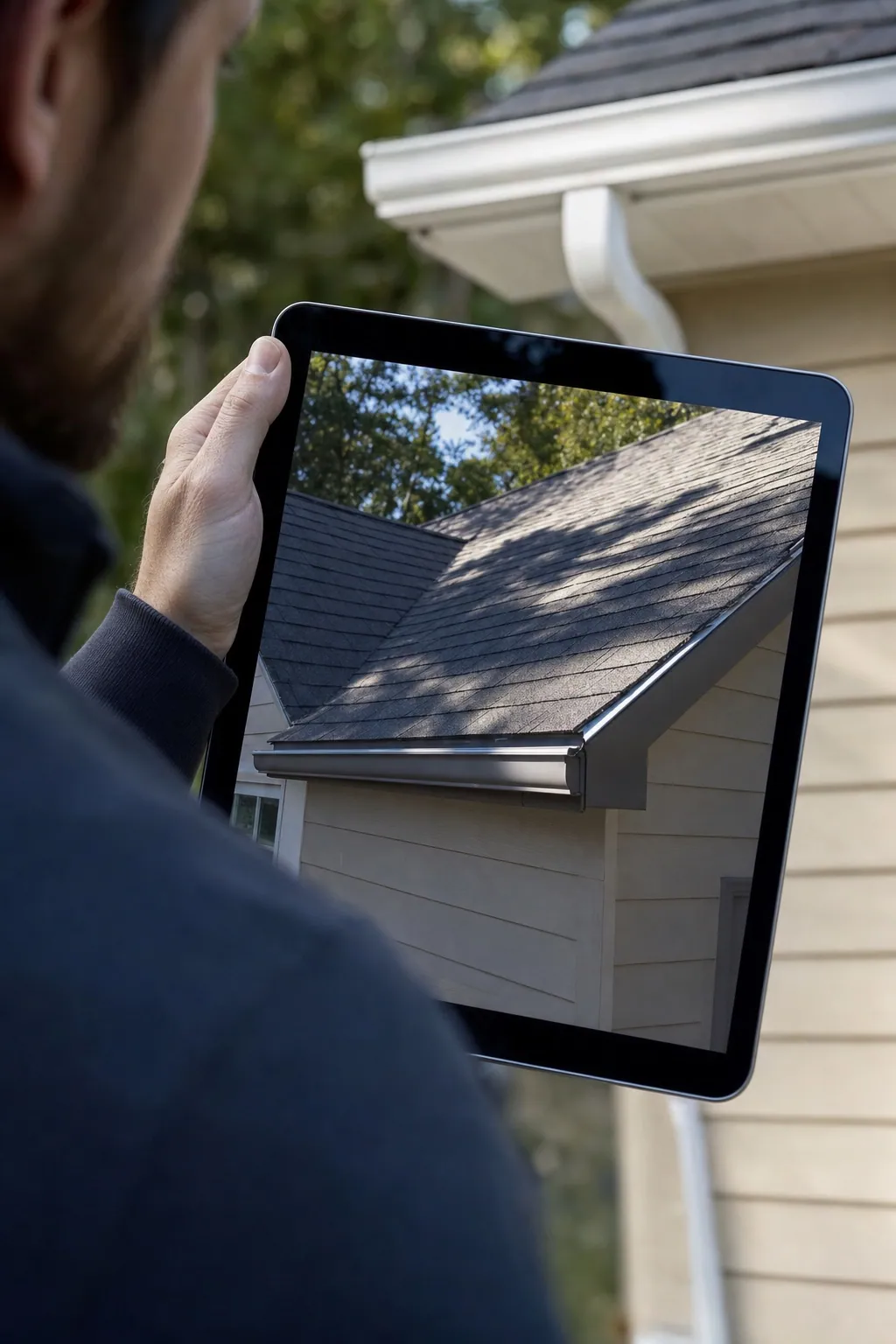 Nahaufnahme oben links: Hand einer Kundin auf einem Tablet mit dem Foto des fertigen Dachs, neue Dachrinnen weich im Hintergrund; Hochformat