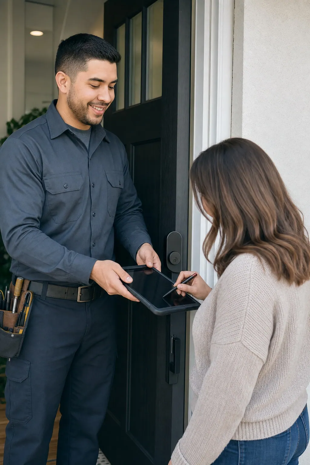 Hochformat-Foto, Motiv oben links: Techniker reicht einer Hausbesitzerin das Tablet zur Abnahme nach der Smart-Lock-Montage