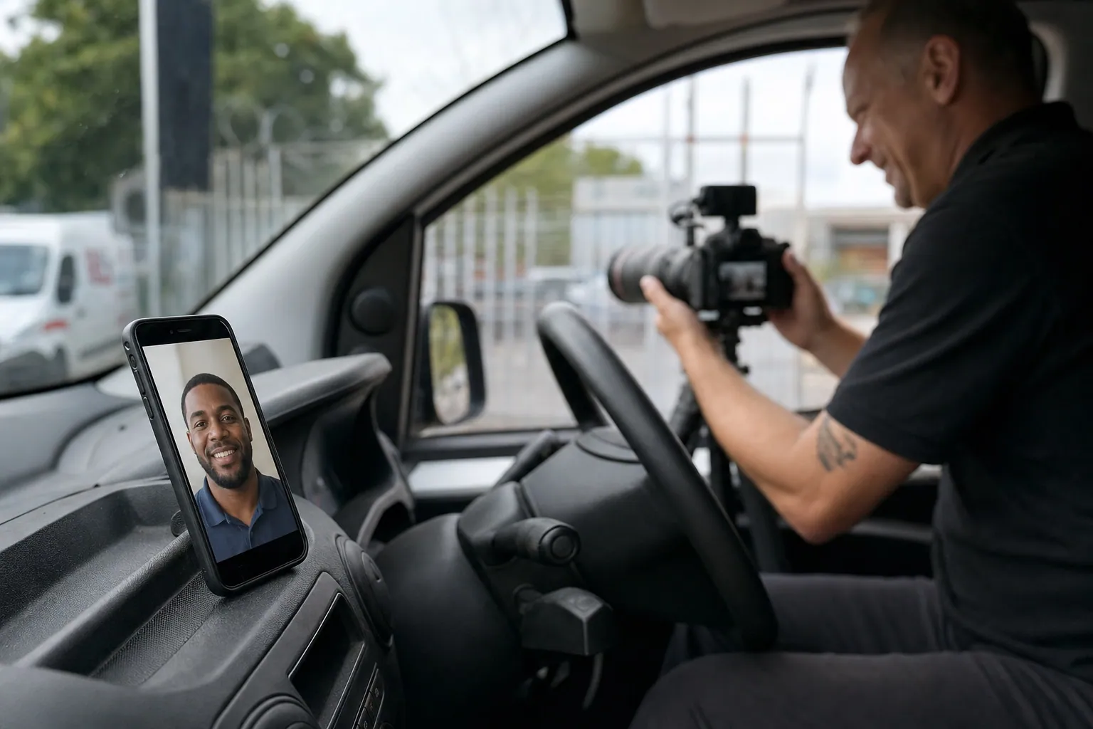 Smartphone auf dem Armaturenbrett eines Servicefahrzeugs zeigt die Liste der Aufschaltverträge in Hero365, im Hintergrund Kameratechnik