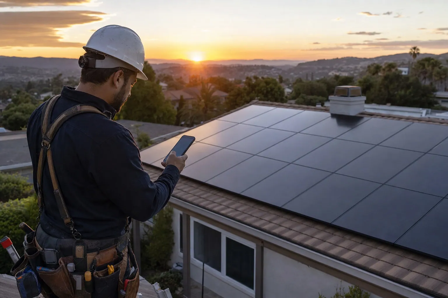 Wide shot of a finished rooftop solar array on a suburban home at golden hour, installer reviewing production on a phone in the foreground.
