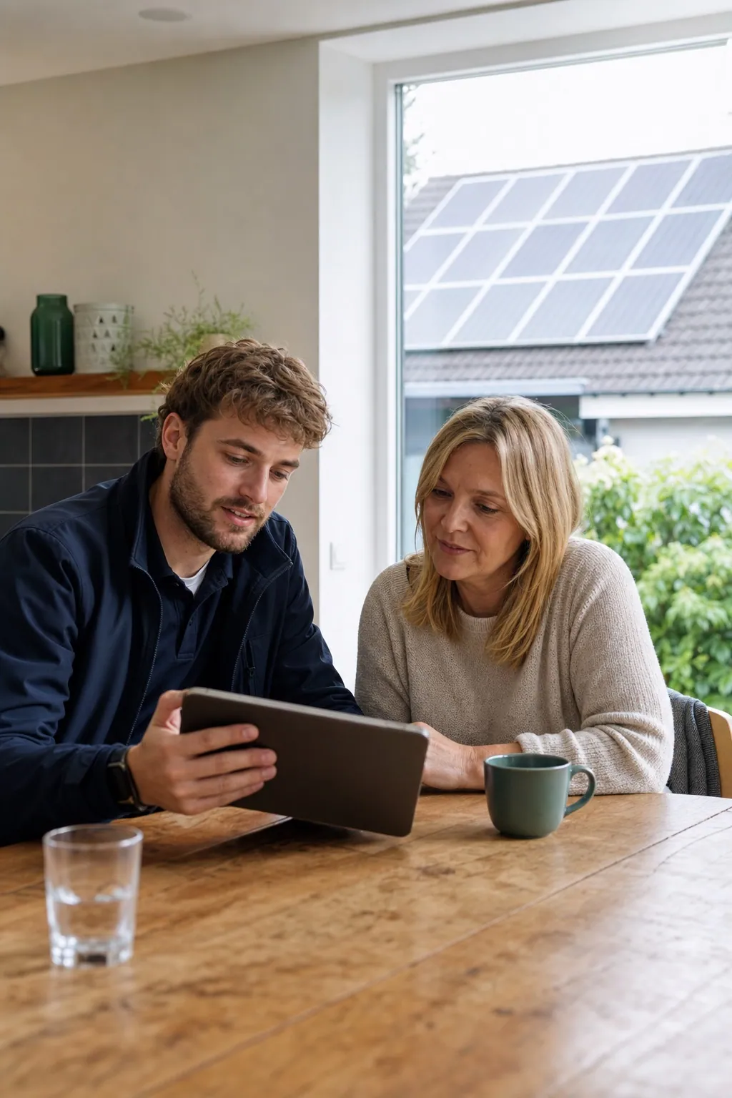 Portrait shot, solar consultant upper-left holding a tablet at a kitchen table with a homeowner, rooftop panels visible through the window behind them.