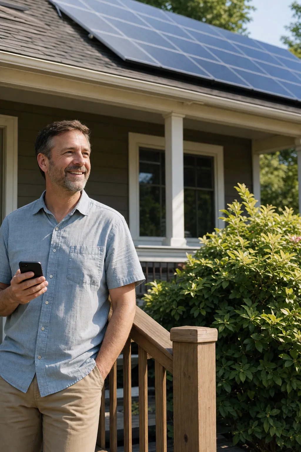 Portrait shot, homeowner upper-left smiling on a sunlit porch, solar array on the roof above, phone in hand.