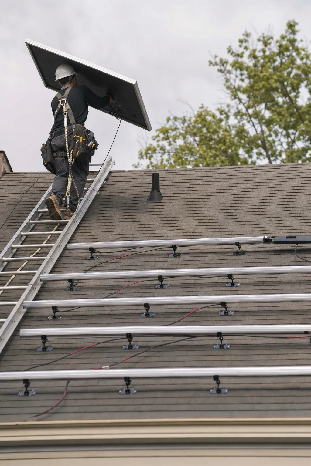 Portrait shot, installer in a hard hat upper-left carrying a panel up a roof ladder, racking laid out on the roof deck below.
