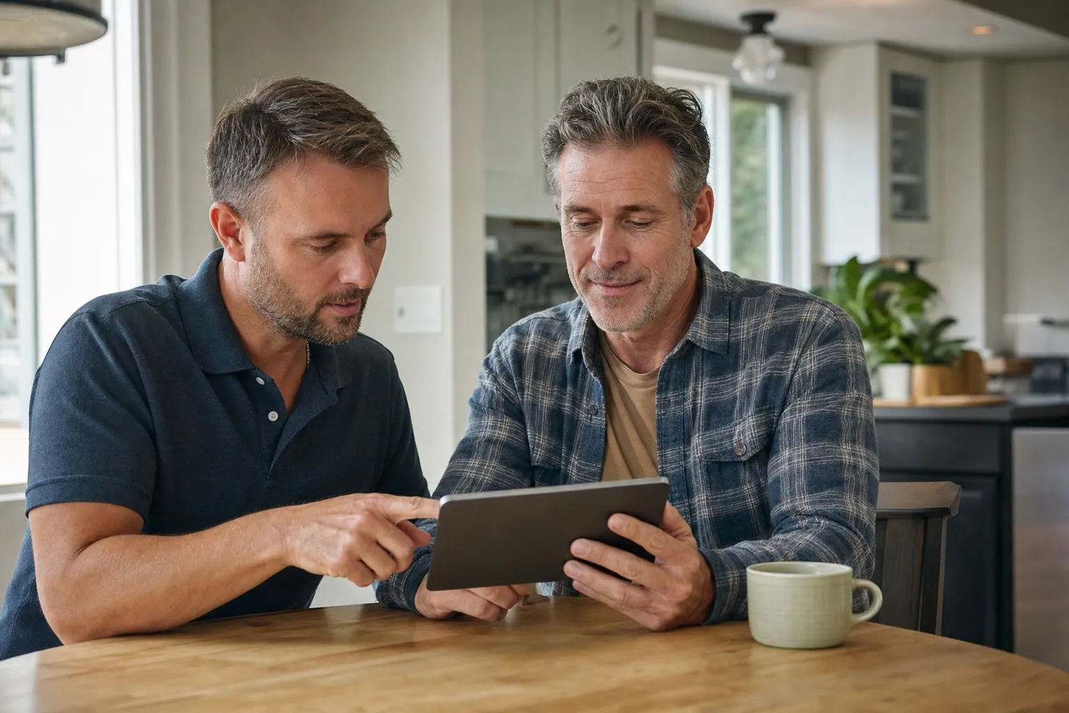 Solar consultant and homeowner reviewing a system design and savings projection on a tablet at a kitchen table.