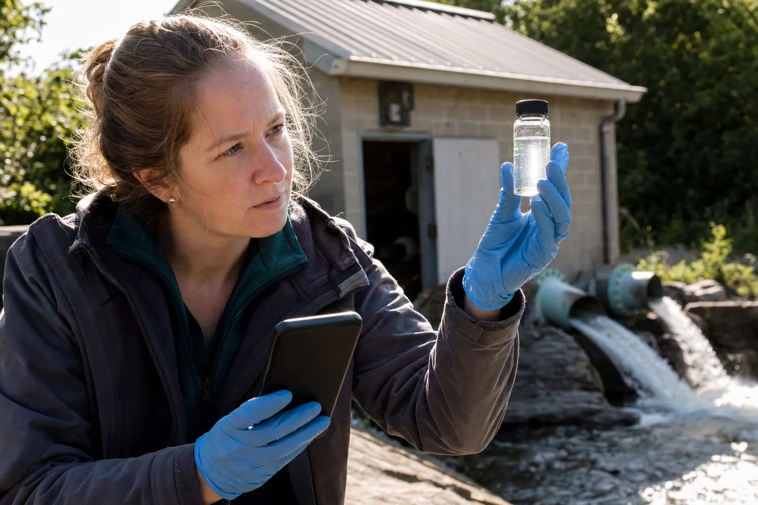 Nahaufnahme eines Technikers, der neben einem Pumpenhaus ein klares Probenröhrchen gegen das Licht hält und am Handy eine Wasseranalyse prüft.